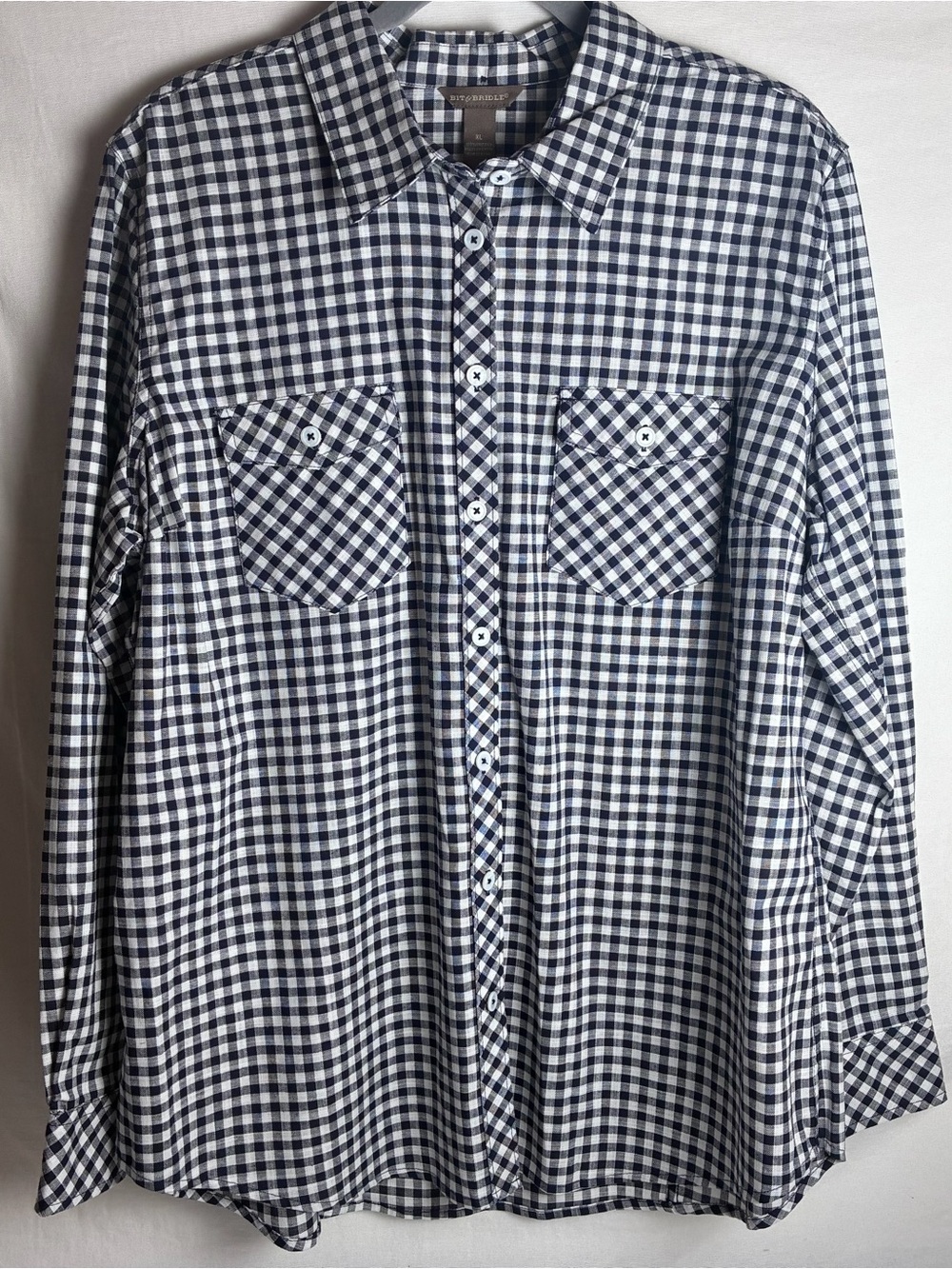 Bit & Bridle Navy Blue Gingham Plaid Western Button Down Shirt XL Flap Pocket